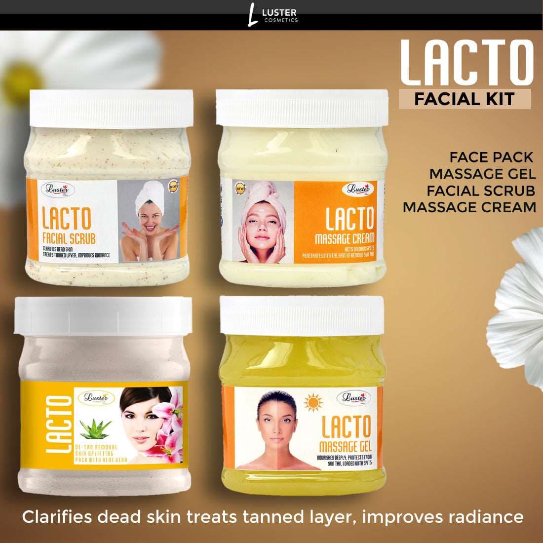 Luster Lacto Facial Kit | Removes Sun Tan & Dark Spot | Lacto Facial Scrub | Lacto Massage Cream | Lacto Massage Gel | Lacto Face Pack | No Paraben & Sulfate- 500 ml (Pack of 4).