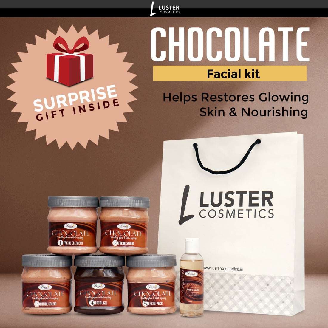 Luster Chocolate Skin Nourishing Facial Kit Salon Eco Pack (2600 ml) - Paraben & Sulfate Free.