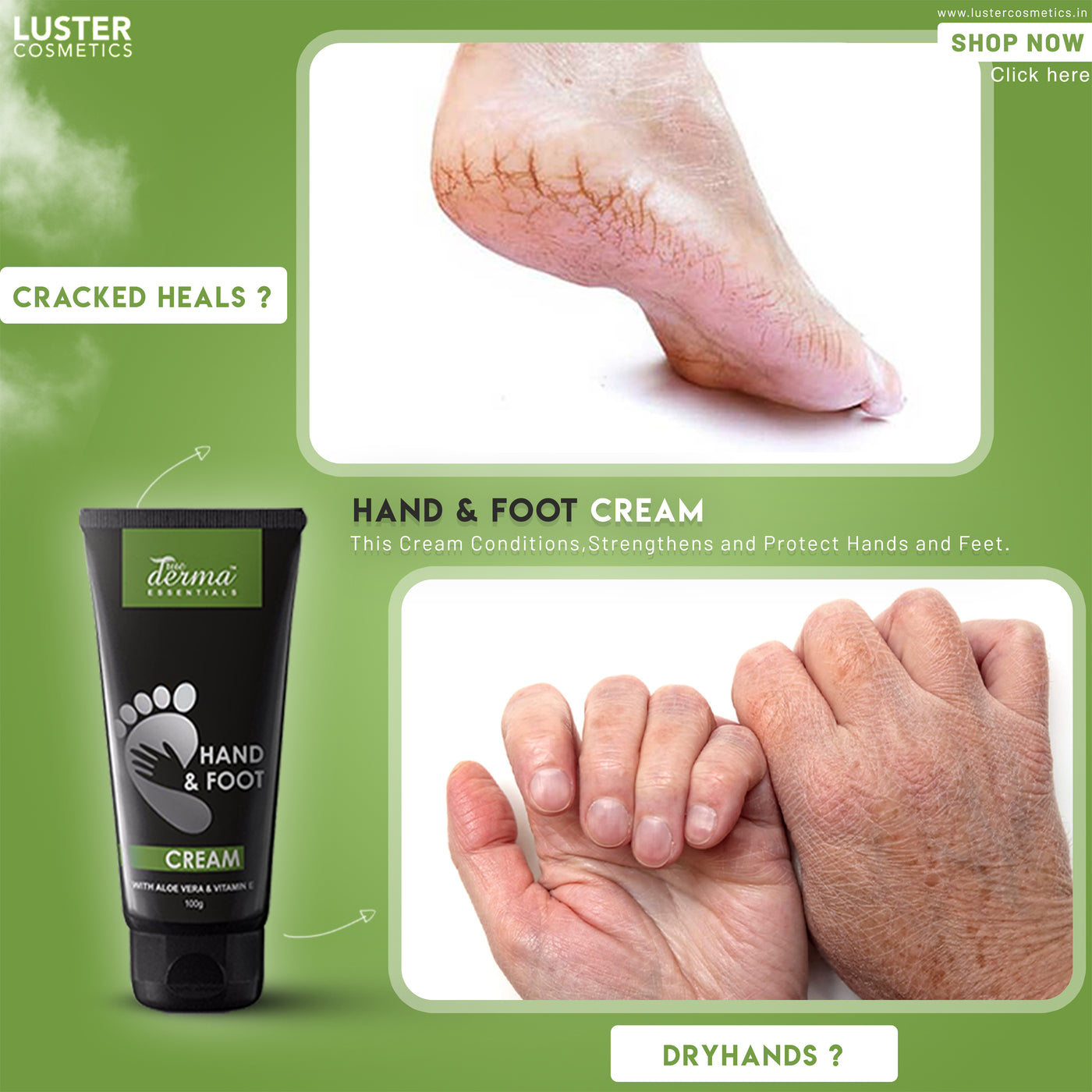 True Derma Essentials Hand & Foot Cream | Restores Natural Glow | Enriched With Aloe Vera & Vitamin-E | Hand And Foot Cream For Glowing Skin | For Women & Men - 100ml - Luster Cosmetics