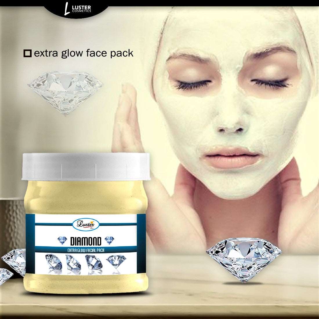 Luster Diamond Facial Kit | Diamond Facial Scrub | Diamond Massage Cream | Diamond Massage Gel | Diamond Face Pack | Diamond Facial Kit for Women & Men | No Paraben - 500 ml (Pack of 4).