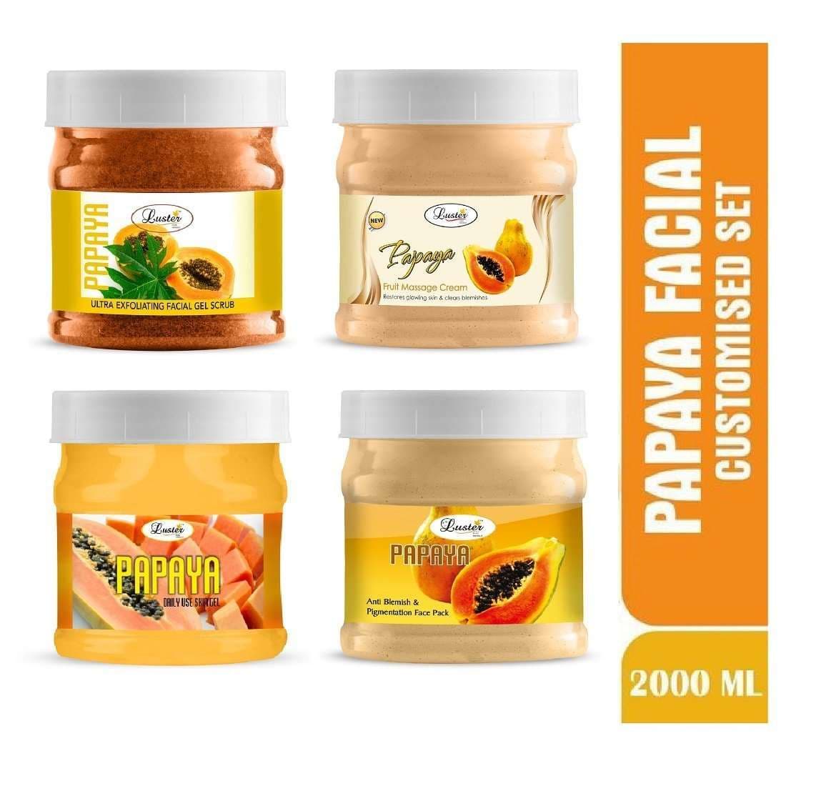 Luster Customised Facial Kit (Papaya Scrub + Papaya Cream + Papaya Skin Gel + Papaya Face Pack) Paraben & Sulfate Free- 2000 ml - Luster Cosmetics